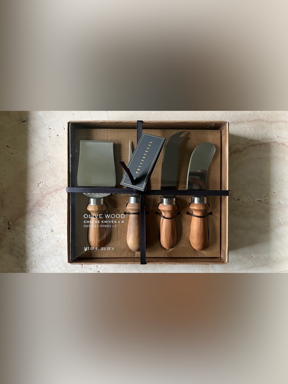 Pottery Barn Olive Wood Cheese Knife Set - Brown Handles with Silver Blades